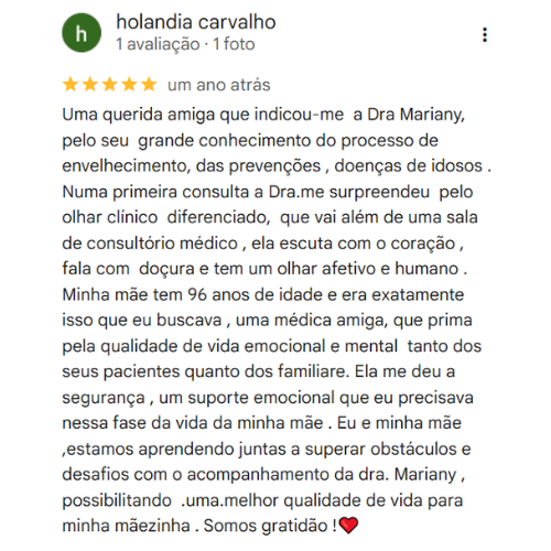 Depoimento Google do consultório da Dra. Mariany Oliveira